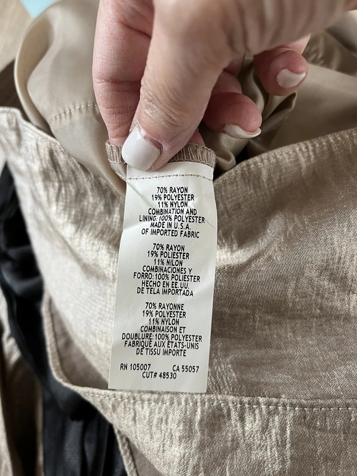 Marina Occasion Dress Sz 16 Taupe Shimmer Black Trim Bow Ruffle Front New - Image 4 of 4