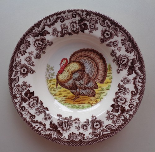 Spode Woodland Turkey Birds Soup Plate Bowl 9" Thanksgiving Fall Set of 4 NEW - Picture 2 of 13
