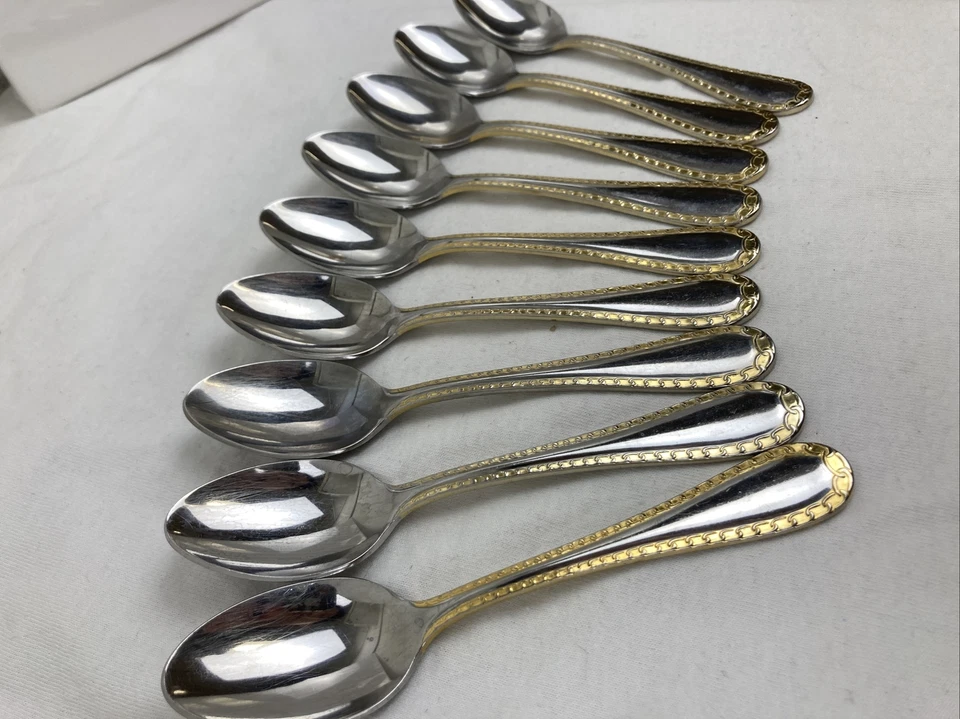 "9 hermosos cubiertos de acero inoxidable 18/8 cucharas de cadena Retroneu Gold Accent Corea" Foto 4 de 4