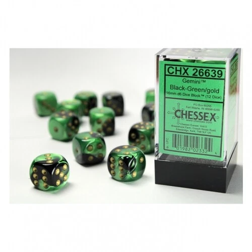 CHESSEX Würfel - 16mm - Gemini Black-Green/gold (Würfelset 12 x W6)