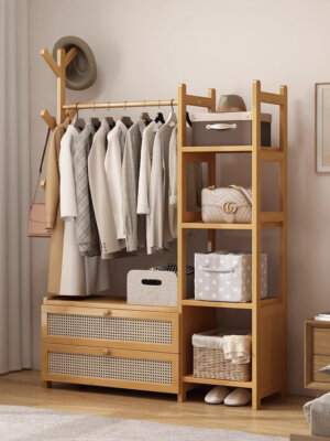 Bamboo Garment Rack with Shelves & Hooks   Freestanding Wardrobe Organizer
