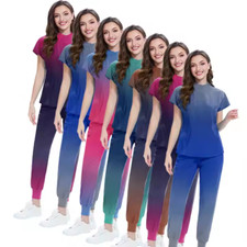 NiaaHinn Women's Two-Tone Jogger Scrub Set - Zippered Top Elastic Waist Pants