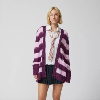 Urban Outfitters UO Alston Striped Purple Pink Academia Cardigan Sweater - S