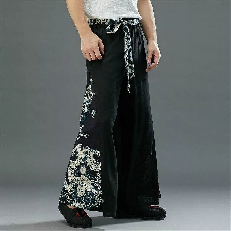 Men Dragon Print Loose Pants Vintage Cotton Linen Wide Leg