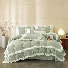 Ruffle Duvet Cover Comforter Cover with White Ruffle, Queen Sage Green