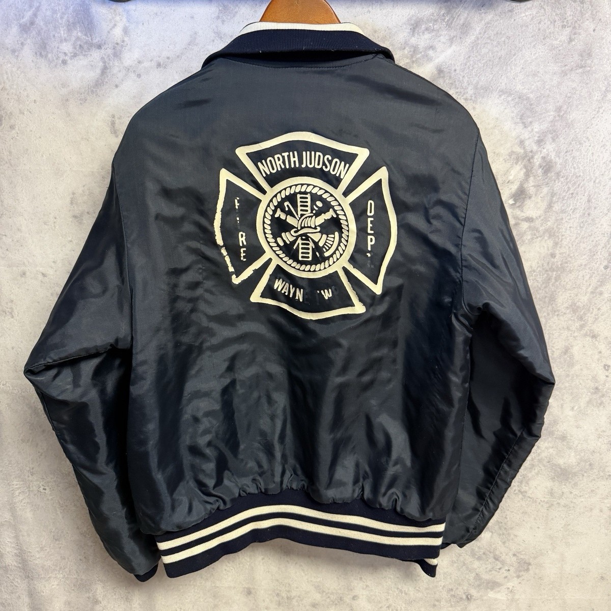 Vintage Fire Station Bomber Jacket Mens Blue Insulated North Judson View 3