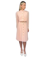 CHANEL BOUTIQUE VINTAGE SILK DRESS Pink Pleated Gold Button SS 1986 France