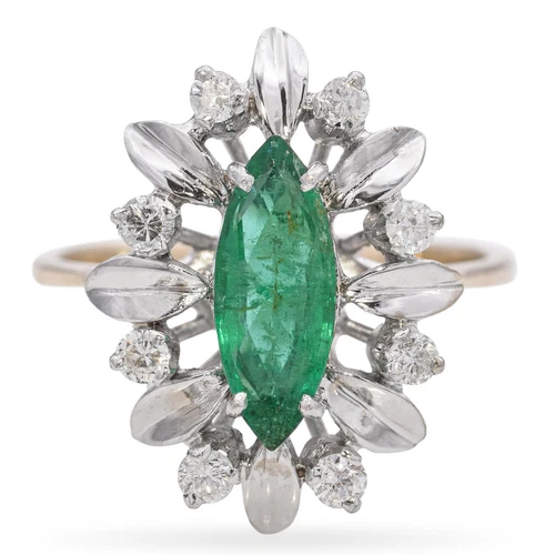 Vintage 18k Yellow Gold Marquise Emerald Diamond Ring - Picture 1 of 7