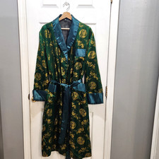 Vintage Men Chinese Dragon Satin Smoking Robe w/Belt Size: 48 Green Gold E6