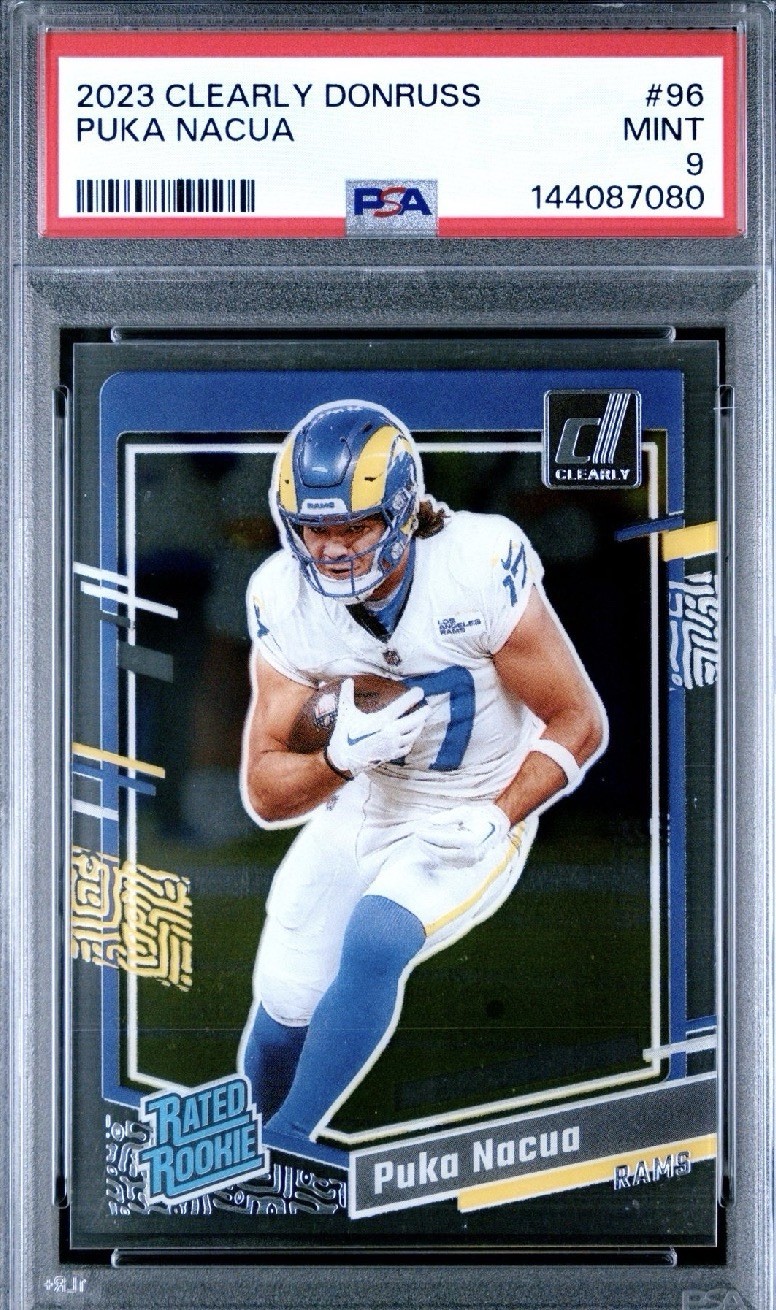 2023 Donruss Clearly - #96 Puka Nacua Rated Rookie (RC). PSA Mint 9, Pop 88.