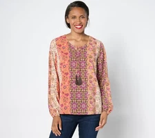 Denim & Co. Printed Long Sleeve Swing Top with Tassels Apricot Multi L New