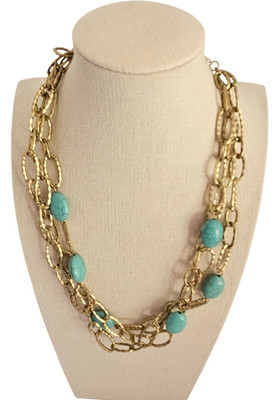 Multi Strand Gold Tone Chain Link Faux Turquoise Adjustable Necklace
