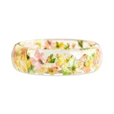 Resin Ring with Pink Yellow Flowers and Gold Flakes - High-Quality Handmade Ring