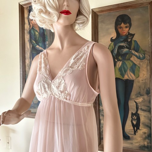 Vintage 1960s Pink Princess Sheer Double Layer Nightgown Sleep Dress M - Picture 7 of 10