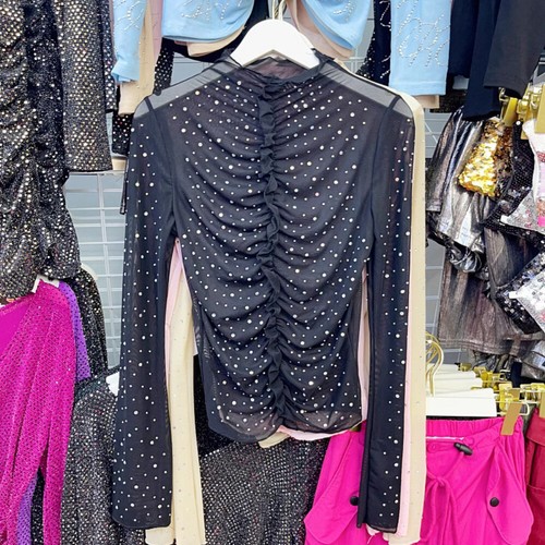 Mujeres Camisas de Malla Cristal Transparentes Camisetas Prendas para el torso Plisado Volantes Estrás - Imagen 3 de 8
