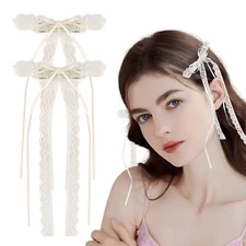 2Pcs White Lace Hair Bow Clips: Coquette Bows, Ribbon Barrettes, Cute Hair Ti...