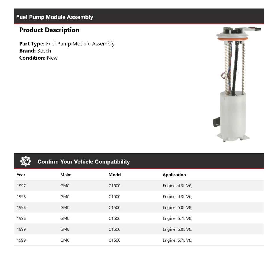 Conjunto de módulo de bomba de combustible Bosch GMC C1500 1997-1999 1998 Foto 2 de 4