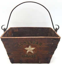 Antique Primitive Hand Carved Wood Lone Star Grain Square Carrier W/Iron Handle