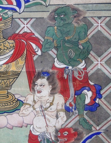 Antique Chinese Buddha on Lotus Flower Scroll Painting 53" Richard Tobey Frame - Picture 5 of 12