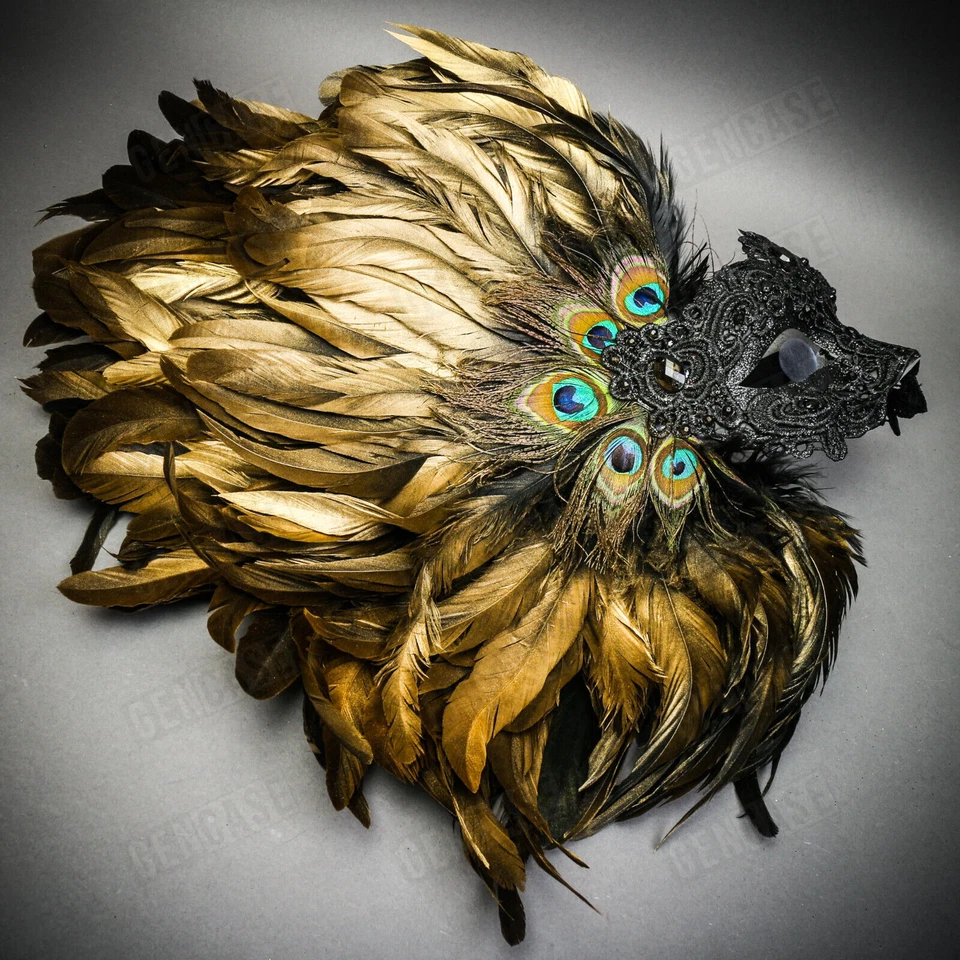 Маска с золотым пером маскарадная женская Venice Carnival Mardi Gras черные шнурки маска - Изображение 4 из 4