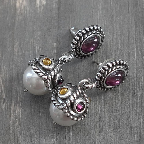 Brighton Dazzle Dangle Drop Earrings Faux Pearl Caged Purple Yellow Crystals 1"