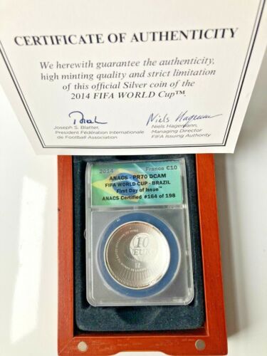 2014 FIFA WORLD CUP SILVER COIN PR70, DCAM, CERT BY ANACS, FDOI #164 OF #198-COA - Picture 2 of 5