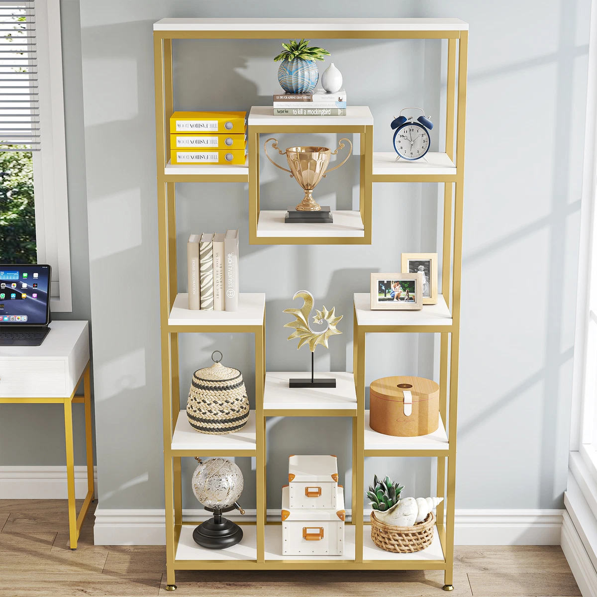 White Gold Bookshelf Bookcase Open Storage Shelves Display Rack