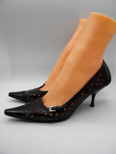 PRADA Black Laser Cut Leather Pointed Toe Heel Classic Pumps Buckle Detail 35.5 - Picture 6 of 16
