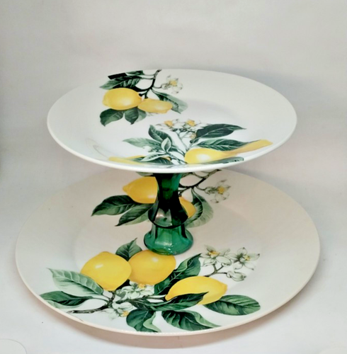 Bandeja para servir Royal Norfolk limón de dos niveles resorte hecha a mano platos de 10" y 7,5" - Imagen 11 de 12