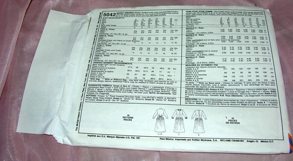 EASY UNCUT MCCALLS SEWING CRAFT PATTERN 5042 DROP WAIST LADIES DRESS SZ 12 - Image 2 of 2