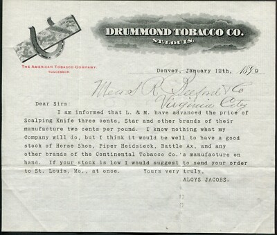 drummond tobacco DENVER, CO & ST. LOUIS, MO ~ DRUMMOND TOBACCO, ILLUS. LETTERHEAD & AD COVER  1899