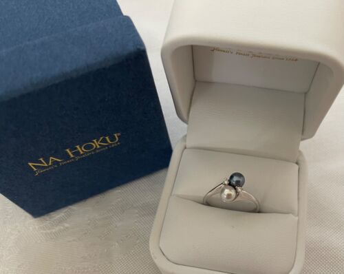 Na Hoku 14K White Gold: WHITE & BLUE AKOYA PEARL DIAMOND RING, Size 7 New in box