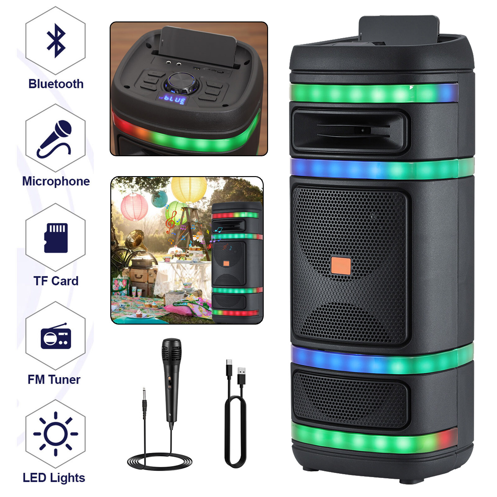 Dual 8-Inch Portable Bluetooth Speaker with Subwoofer Heavy Bass and Mic