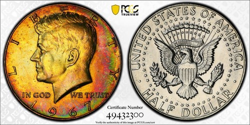 MS65 1967 50C Kennedy Silver Half Dollar, PCGS Trueview- Vivid Rainbow Toned - Picture 2 of 7