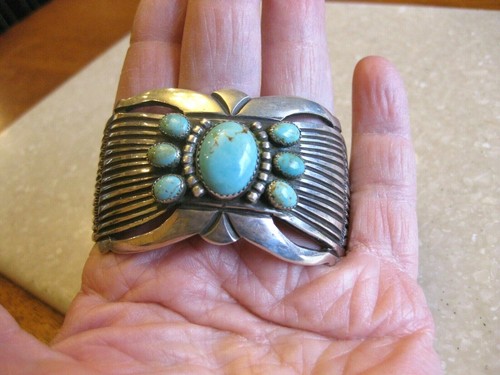 Sterling & Turquoise Cuff Bracelet / Signed by Navajo Silversmith AE / 73 grams - Picture 2 of 11
