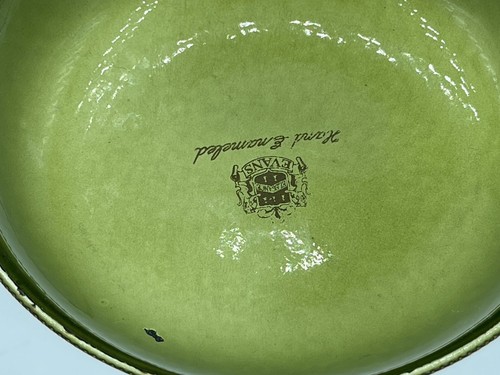 Vtg EVANS Green Hand Enameled Dish with Brass Leaf Edging Marked, 6" Diameter - Picture 5 of 6