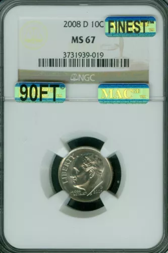 2008 D ROOSEVELT DIME NGC MS67 MAC 90FT PQ MAC FINEST BUSINESS $500 IN FT *