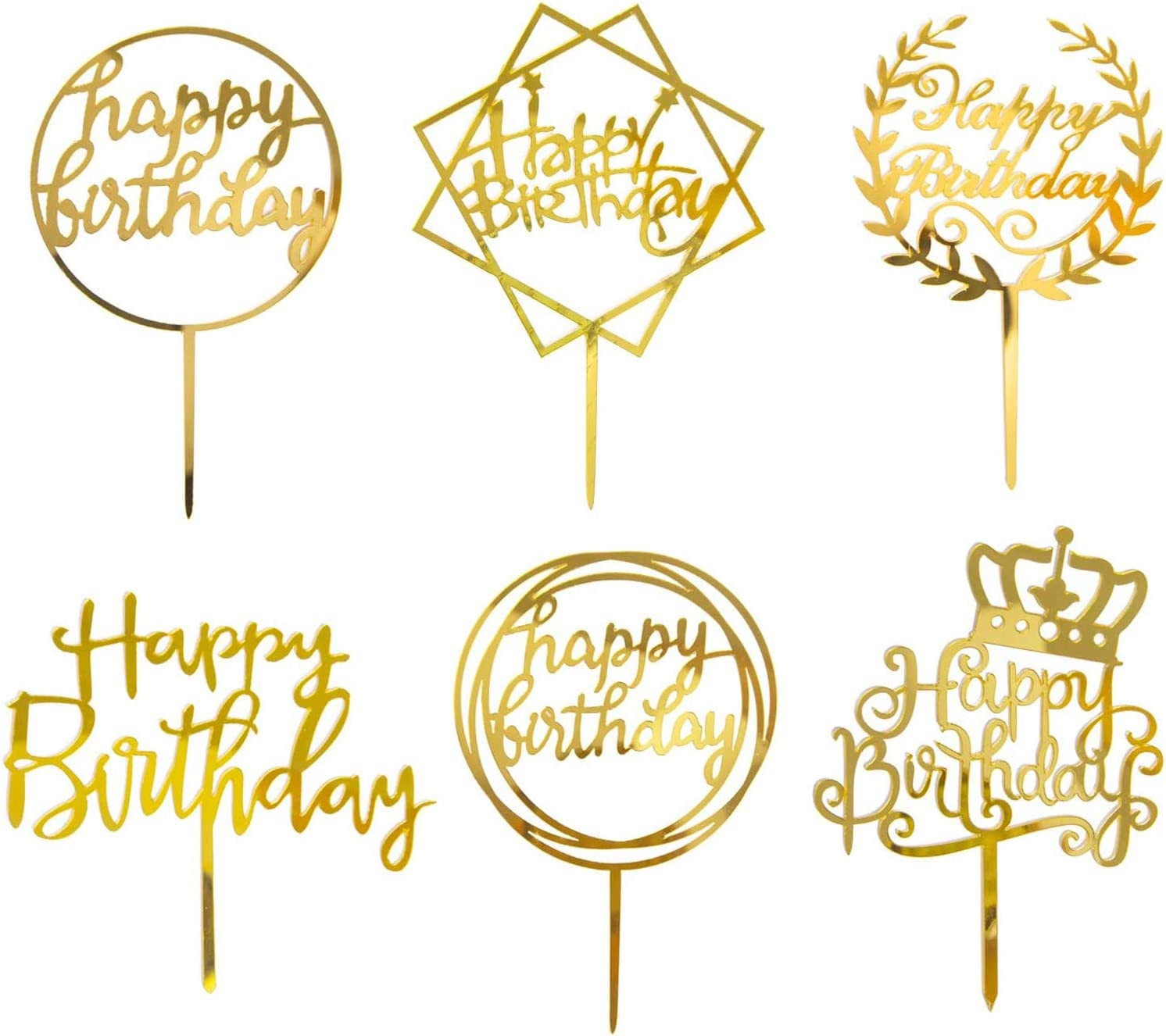 DERAYEE 6 Pack Happy Birthday Cake Topper Kit Acrylic Cake Toppers Gold Cake for