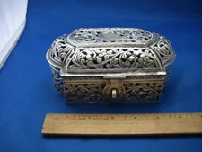Fine Old INDIAN Silver Pierced Lidded BOX-6 1/4 Inches-Scrolls & Bird