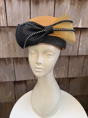 Vintage Mr HI s Classic Pillbox Hat Faux Straw Amber Black Bow Sz 22.5 