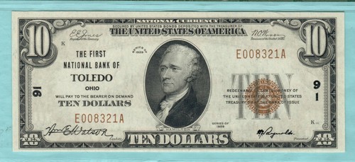 Toledo OHIO Charter 91 First Nat'l Bank Toledo $10 29-1 CU-64(PMG) EPQ Ch Unc - Picture 2 of 4