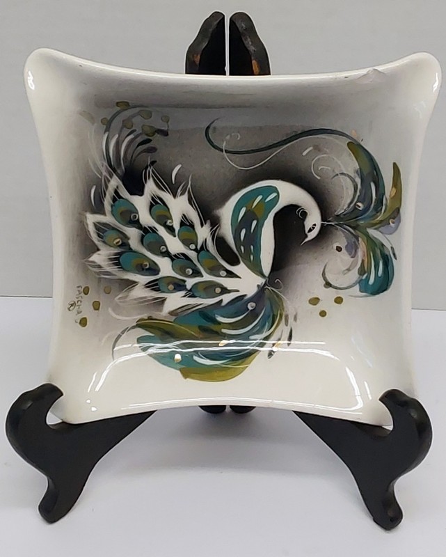 Sascha Brastoff Handsigned Peacock Square Ceramic Art Ashtray