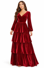 Womens Size 10 Red Velvet Tiered Maxi Dress Square Neck Long Sleeve