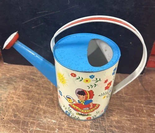 Dutch Vintage Tin Litho Watering Sprinkler Can Little Boy and Girl Ohio Art 50s