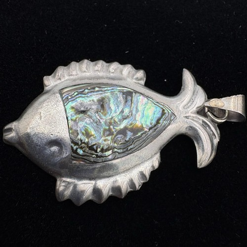 Vintage Taxco Mexico Abalolone Sterling Silver Fish Pendant 925 Signed TF-04 - Picture 3 of 9