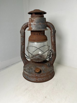 Antique Railway Style Dietz Wizard Lantern, Gray/Silver Finish, Rusted Patina