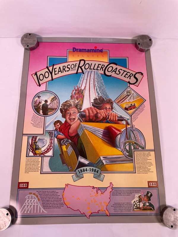 Vintage Dramamine “100 Years of Roller Coasters” Poster 1884–1984