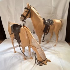 2 Palomino/Tan Plastic Horse Figurines w/ Black Saddle, Bridle Reins