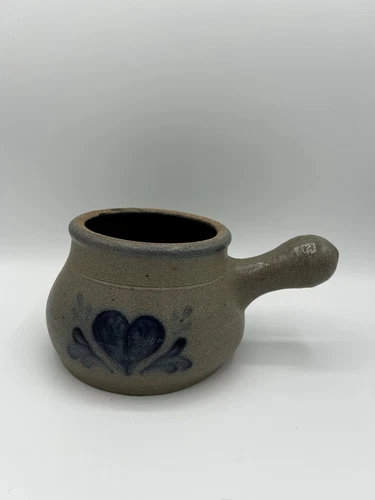 Vintage 1999 Rowe Pottery Works Large Salt Glazed Soup Crock 28 Ounce Blue Heart