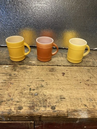 3 Vintage Anchor Hocking Fire King Barrel Coffee Mugs  2 Yellow 1 Orange